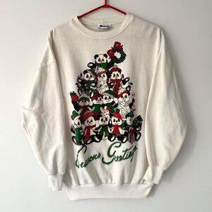 80s vintage white panda bear christmas tree holiday graphic pullover sweatshirt